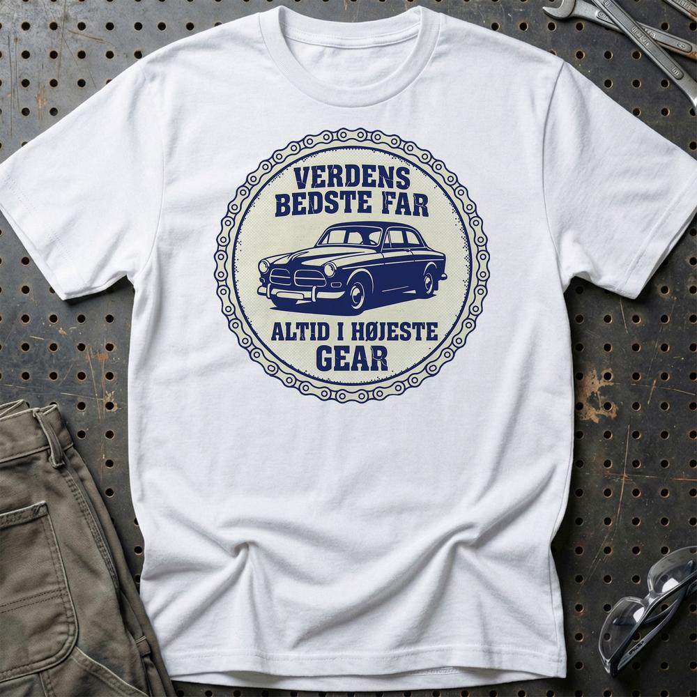 Verdens Bedste Far Altid I Højeste Gear - Unisex T-Shirt , Bomuld-Beklædning-Garage Culture-Hvid-S-Garage Culture Shop- garage - man cave - merchandise