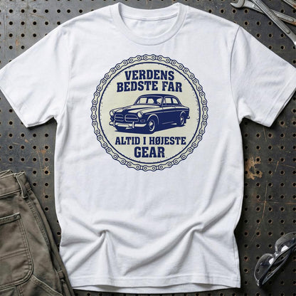 Verdens Bedste Far Altid I Højeste Gear - Unisex T-Shirt , Bomuld-Beklædning-Garage Culture-Hvid-S-Garage Culture Shop- garage - man cave - merchandise