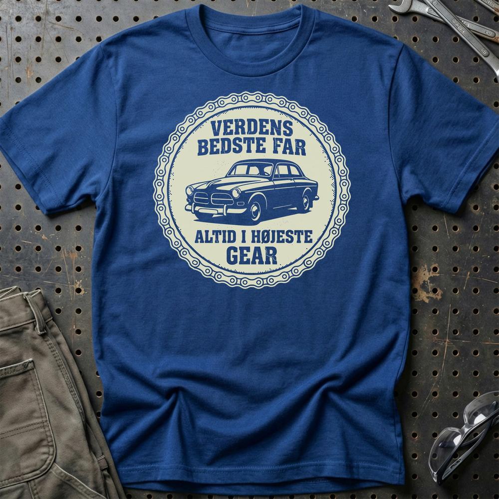 Verdens Bedste Far Altid I Højeste Gear - Unisex T-Shirt , Bomuld-Beklædning-Garage Culture-Blå Royal-S-Garage Culture Shop- garage - man cave - merchandise