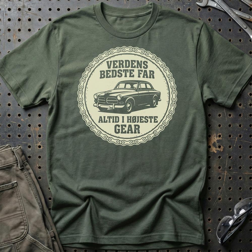 Verdens Bedste Far Altid I Højeste Gear - Unisex T-Shirt , Bomuld-Beklædning-Garage Culture-Grøn Militær-S-Garage Culture Shop- garage - man cave - merchandise