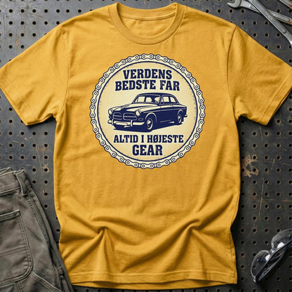 Verdens Bedste Far Altid I Højeste Gear - Unisex T-Shirt , Bomuld-Beklædning-Garage Culture-Guld-S-Garage Culture Shop- garage - man cave - merchandise
