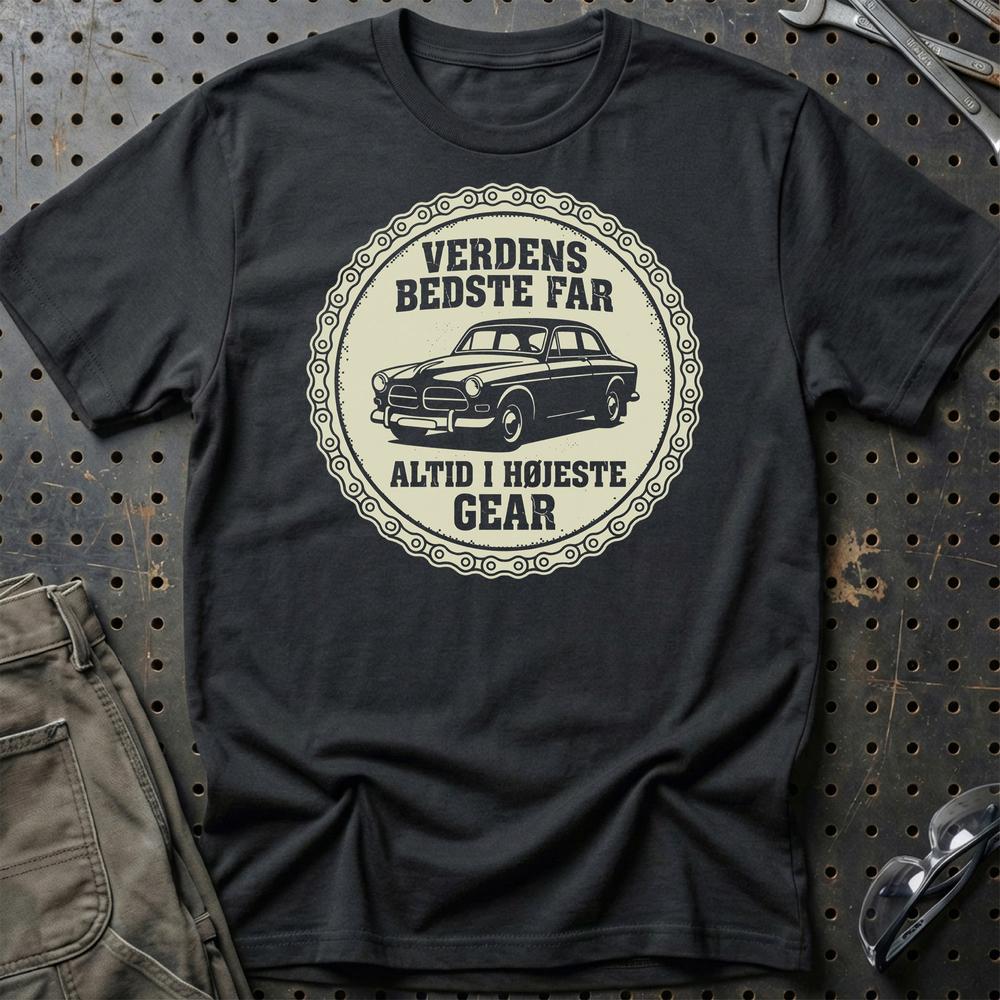 Verdens Bedste Far Altid I Højeste Gear - Unisex T-Shirt , Bomuld-Beklædning-Garage Culture-Sort-S-Garage Culture Shop- garage - man cave - merchandise