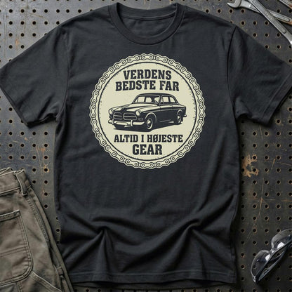 Verdens Bedste Far Altid I Højeste Gear - Unisex T-Shirt , Bomuld-Beklædning-Garage Culture-Sort-S-Garage Culture Shop- garage - man cave - merchandise