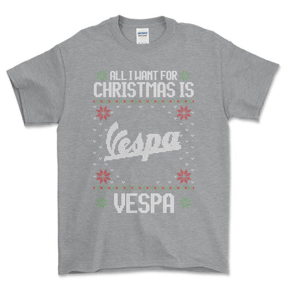 Vespa - All I Want For Christmas - Unisex T-Shirt , Bomuld-Beklædning-Vespa-Grå Sport-S-Forside-Garage Culture Shop- garage - man cave - merchandise