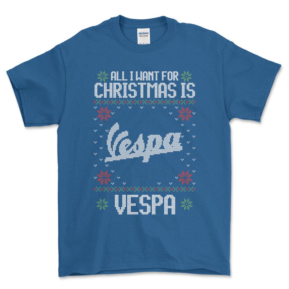 Vespa - All I Want For Christmas - Unisex T-Shirt , Bomuld-Beklædning-Vespa-Blå Royal-S-Forside-Garage Culture Shop- garage - man cave - merchandise