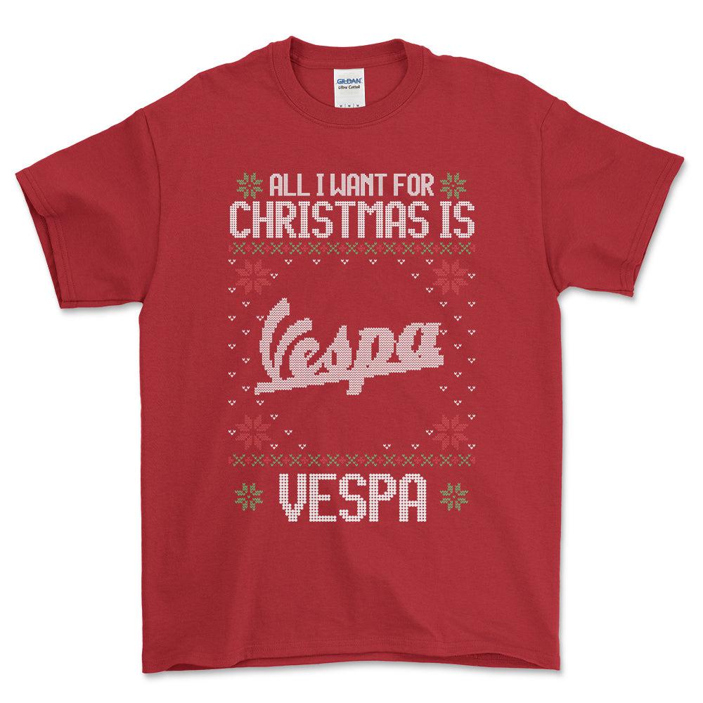 Vespa - All I Want For Christmas - Unisex T-Shirt , Bomuld-Beklædning-Vespa-Rød-S-Forside-Garage Culture Shop- garage - man cave - merchandise