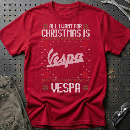 Vespa - All I Want For Christmas - Unisex T-Shirt , Bomuld-Beklædning-Vespa-Rød-S-Garage Culture Shop- garage - man cave - merchandise