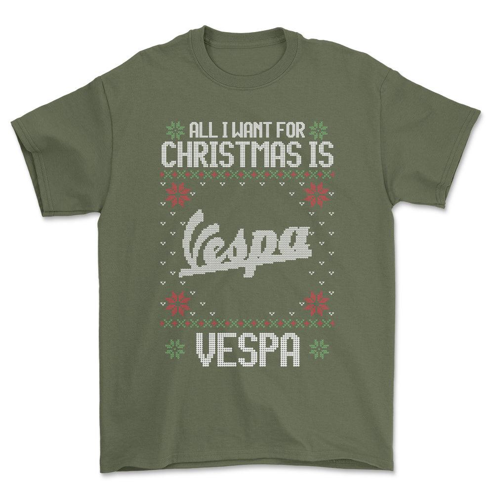 Vespa - All I Want For Christmas - Unisex T-Shirt , Bomuld-Beklædning-Vespa-Grøn Militær-S-Forside-Garage Culture Shop- garage - man cave - merchandise