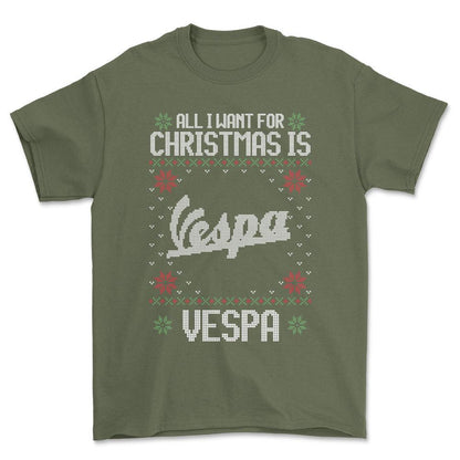 Vespa - All I Want For Christmas - Unisex T-Shirt , Bomuld-Beklædning-Vespa-Grøn Militær-S-Forside-Garage Culture Shop- garage - man cave - merchandise