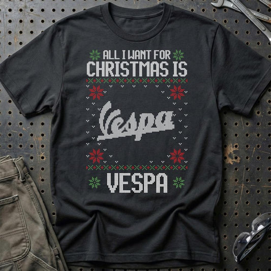 Vespa - All I Want For Christmas - Unisex T-Shirt , Bomuld-Beklædning-Vespa-Sort-S-Garage Culture Shop- garage - man cave - merchandise