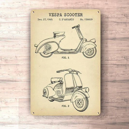 Vespa Scooter 1949 Patent Blueprint Skilte, Musemåtte, Dørmåtte-Blueprint-Vespa-Garage Culture Shop- garage - man cave - merchandise