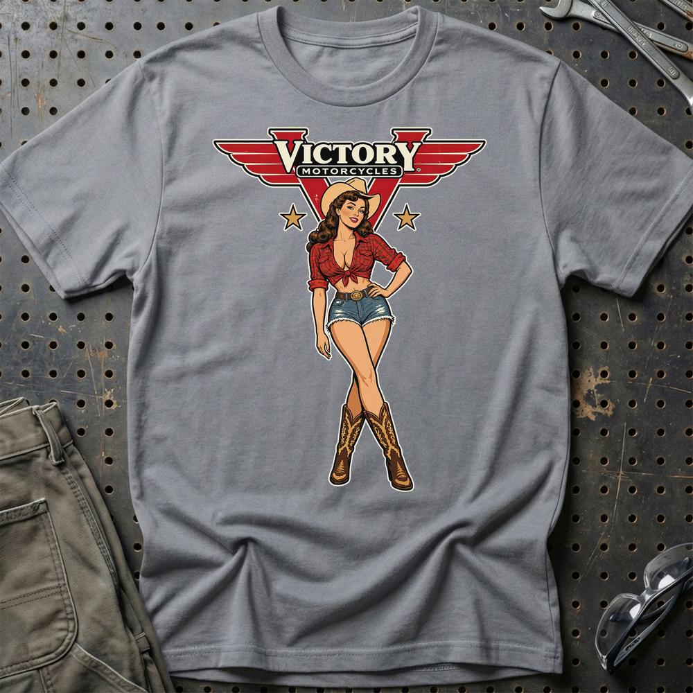 Victory Cowboy Pinup T-Shirt-Beklædning-Victory-Grå Sport-S-Garage Culture Shop- garage - man cave - merchandise