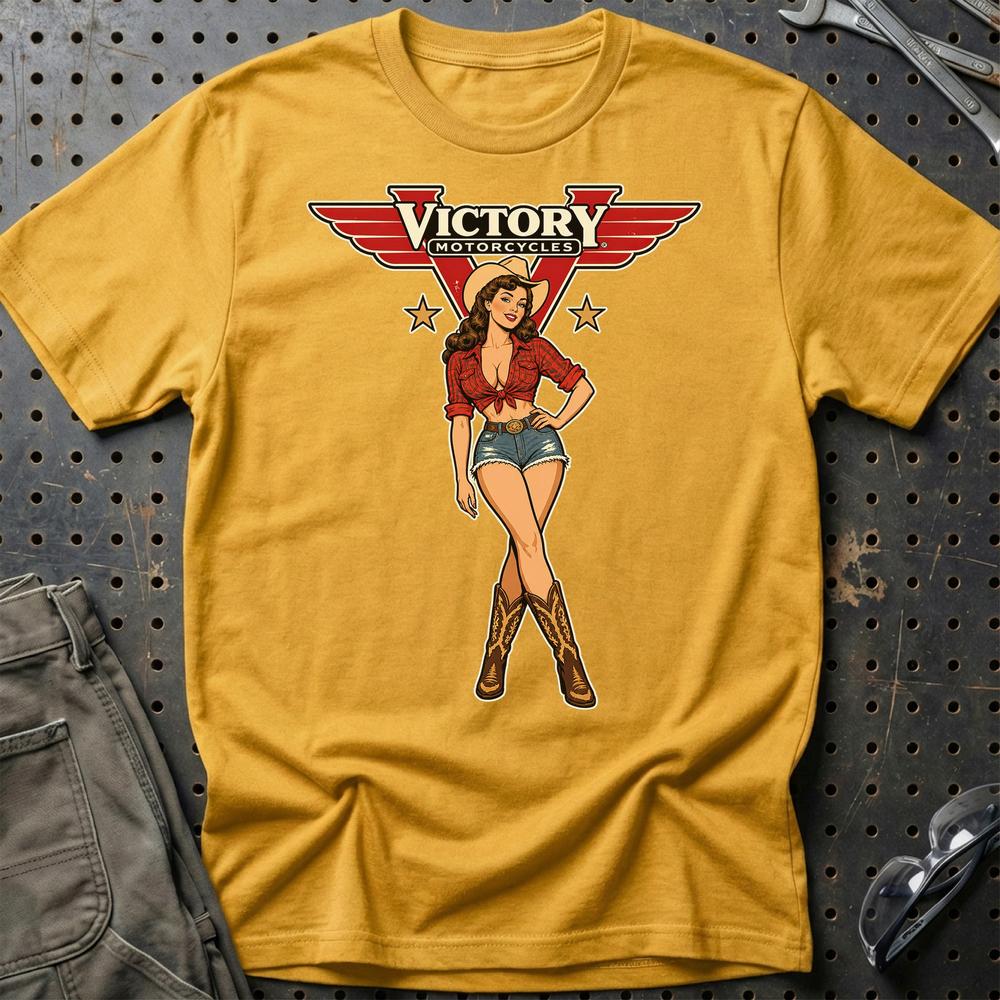 Victory Cowboy Pinup T-Shirt-Beklædning-Victory-Guld-S-Garage Culture Shop- garage - man cave - merchandise