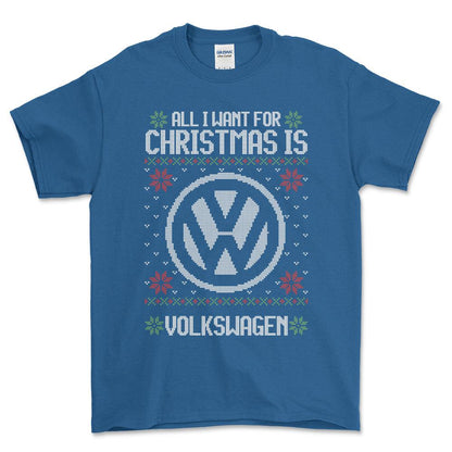 Volkswagen VW - All I Want For Christmas - Unisex T-Shirt , Bomuld-Beklædning-VW-Blå Royal-S-Forside-Garage Culture Shop- garage - man cave - merchandise