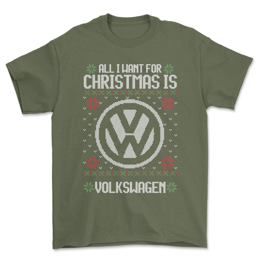 Volkswagen VW - All I Want For Christmas - Unisex T-Shirt , Bomuld-Beklædning-VW-Grøn Militær-S-Forside-Garage Culture Shop- garage - man cave - merchandise