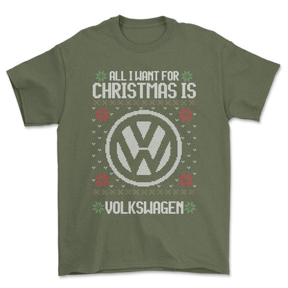 Volkswagen VW - All I Want For Christmas - Unisex T-Shirt , Bomuld-Beklædning-VW-Grøn Militær-S-Forside-Garage Culture Shop- garage - man cave - merchandise