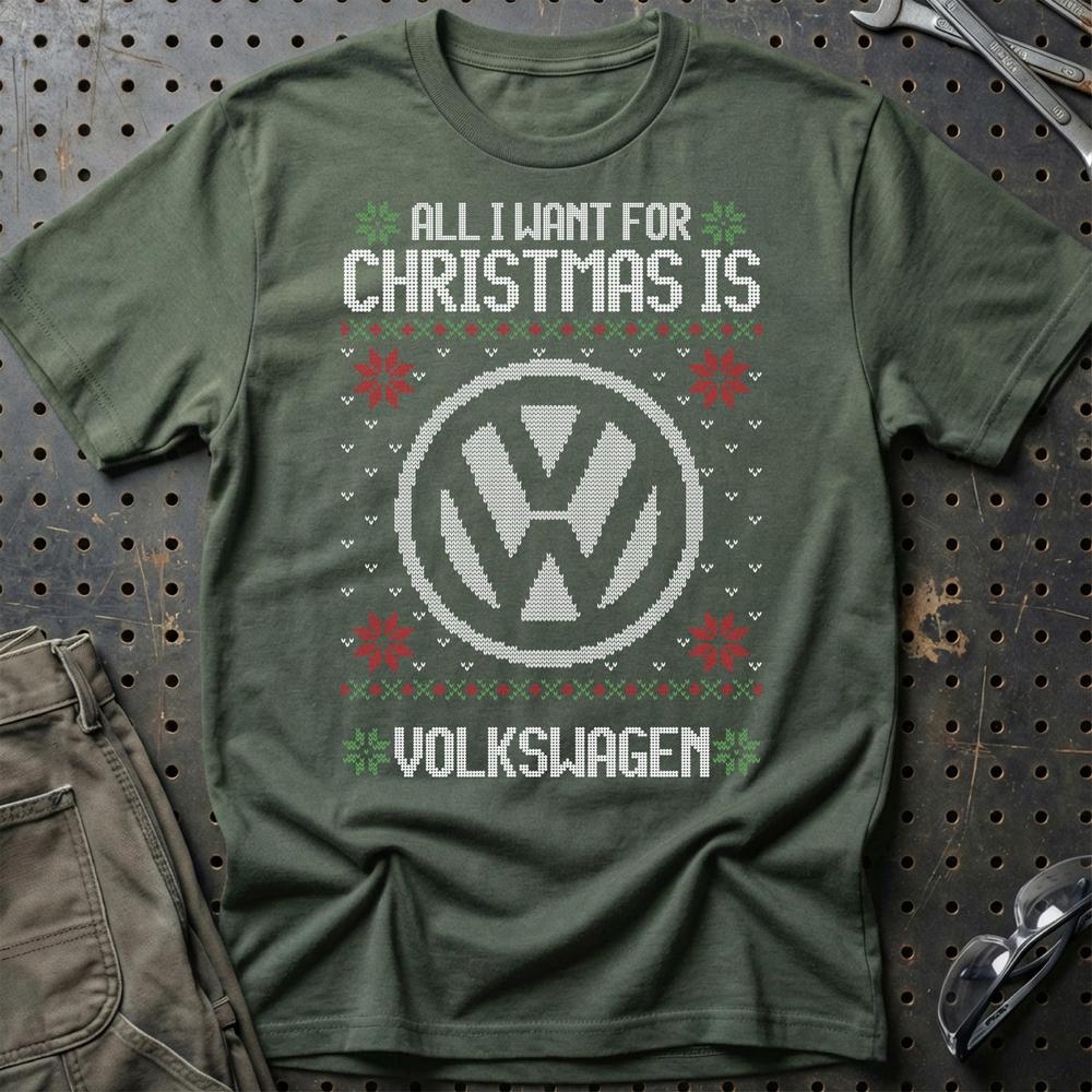 Volkswagen VW - All I Want For Christmas - Unisex T-Shirt , Bomuld-Beklædning-VW-Grøn Militær-S-Garage Culture Shop- garage - man cave - merchandise