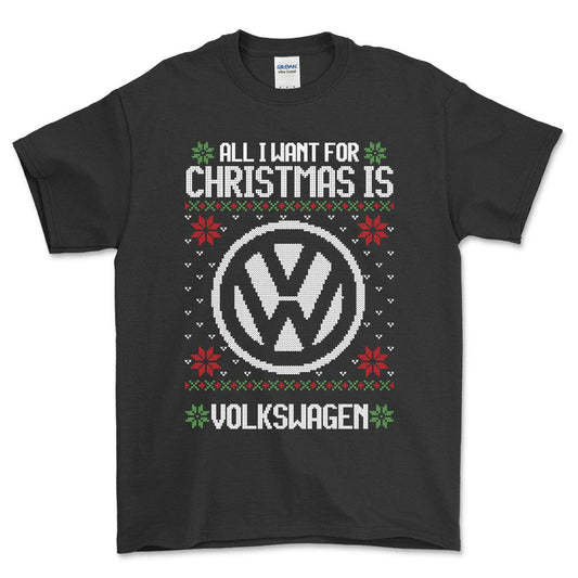 Volkswagen VW - All I Want For Christmas - Unisex T-Shirt , Bomuld-Beklædning-VW-Sort-S-Forside-Garage Culture Shop- garage - man cave - merchandise