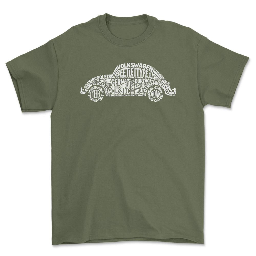 Volkswagen VW Beetle Old School Typography - Unisex T-Shirt-Beklædning-VW-Grøn Militær-S-Forside-Garage Culture Shop- garage - man cave - merchandise