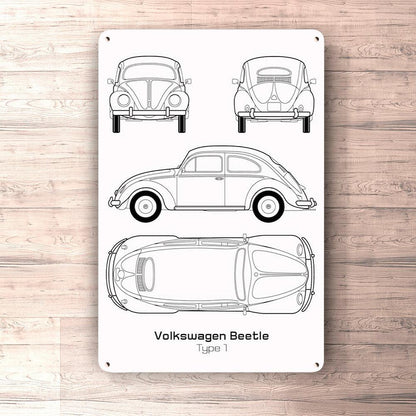 Volkswagen VW Beetle Type 1 Blueprint Skilte, Musemåtte, Dørmåtte , Plakat-Blueprint-VW-Garage Culture Shop- garage - man cave - merchandise