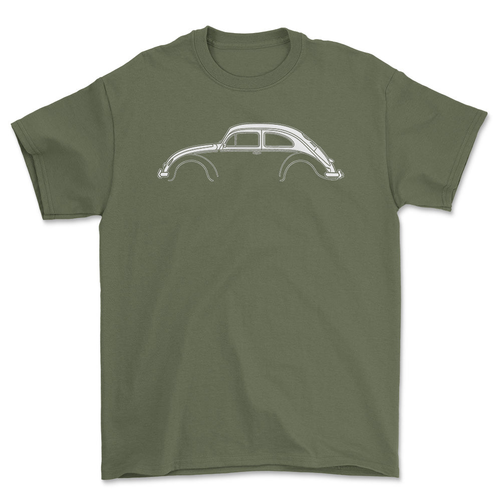 Volkswagen VW Beetle Type 1 Silhuet - Unisex T-Shirt , Bomuld-Beklædning-VW-Grøn Militær-S-Forside-Garage Culture Shop- garage - man cave - merchandise