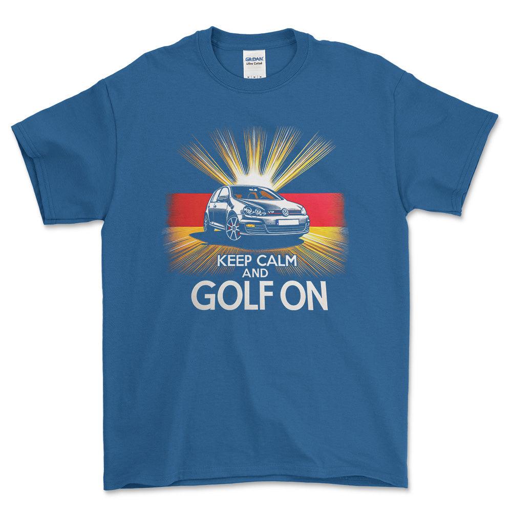 Volkswagen VW Golf - Keep Calm And Golf On - Unisex T-Shirt , Bomuld-Beklædning-VW-Blå Royal-S-Garage Culture Shop- garage - man cave - merchandise