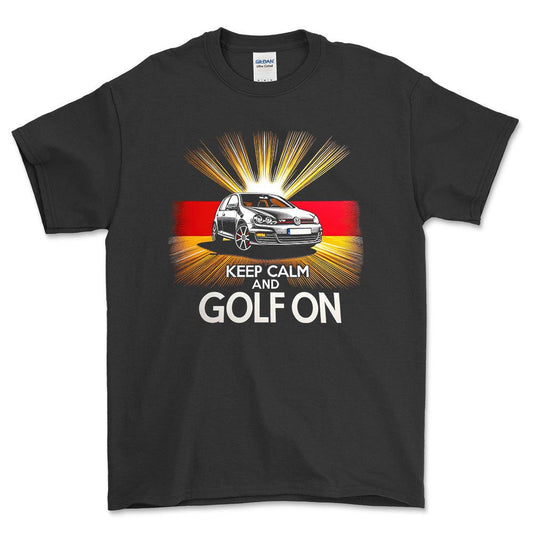 Volkswagen VW Golf - Keep Calm And Golf On - Unisex T-Shirt , Bomuld-Beklædning-VW-Sort-S-Forside-Garage Culture Shop- garage - man cave - merchandise