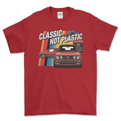 Volkswagen VW Golf MK2 Classic Not Plastic - Unisex T-Shirt-Beklædning-VW-Rød-S-Forside-Garage Culture Shop- garage - man cave - merchandise