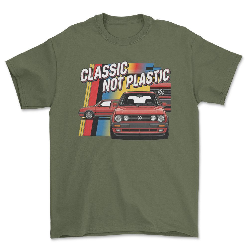 Volkswagen VW Golf MK2 Classic Not Plastic - Unisex T-Shirt-Beklædning-VW-Grøn Militær-S-Forside-Garage Culture Shop- garage - man cave - merchandise