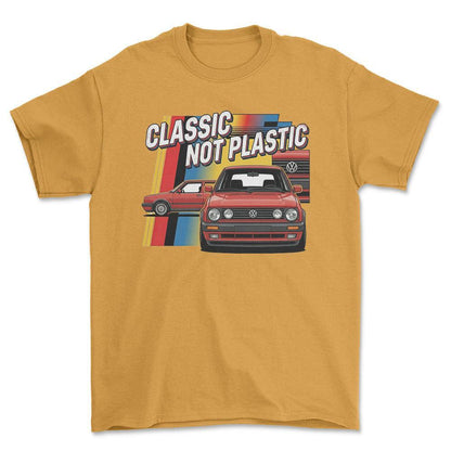 Volkswagen VW Golf MK2 Classic Not Plastic - Unisex T-Shirt-Beklædning-VW-Guld-S-Forside-Garage Culture Shop- garage - man cave - merchandise