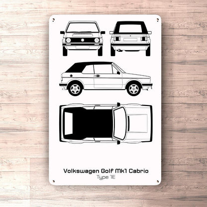 Volkswagen VW Golf Mk1 Cabrio Blueprint Skilte, Musemåtte, Dørmåtte , Plakat-Blueprint-VW-Garage Culture Shop- garage - man cave - merchandise