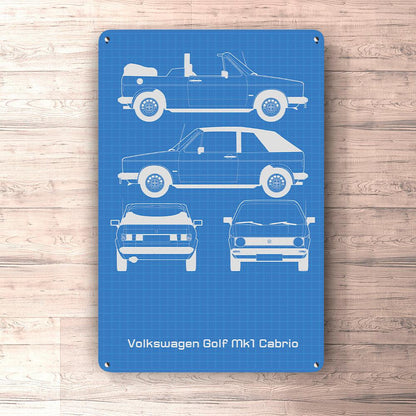 Volkswagen VW Golf Mk1 Cabrio Blueprint Skilte, Musemåtte, Dørmåtte , Plakat-Blueprint-VW-Garage Culture Shop- garage - man cave - merchandise