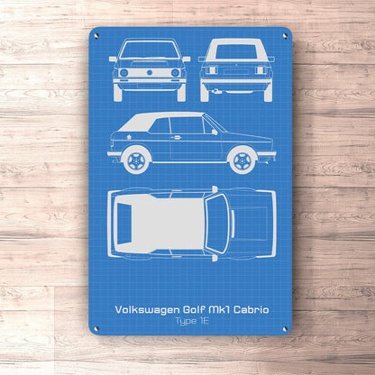 Volkswagen VW Golf Mk1 Cabrio Blueprint Skilte, Musemåtte, Dørmåtte , Plakat-Blueprint-VW-Garage Culture Shop- garage - man cave - merchandise
