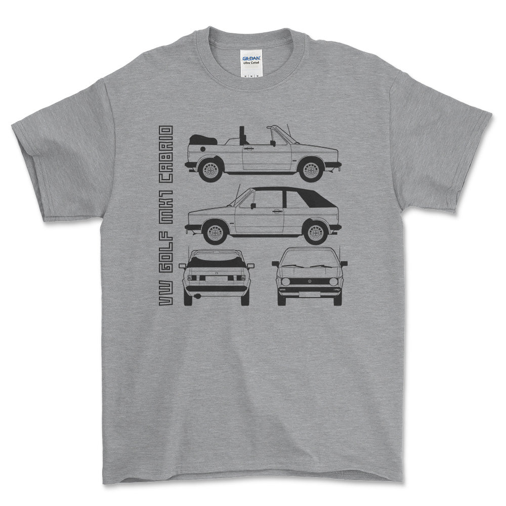 Volkswagen VW Golf Mk1 Cabrio Unisex T-Shirt , Bomuld-Beklædning-VW-Grå Sport-S-Forside-Garage Culture Shop- garage - man cave - merchandise