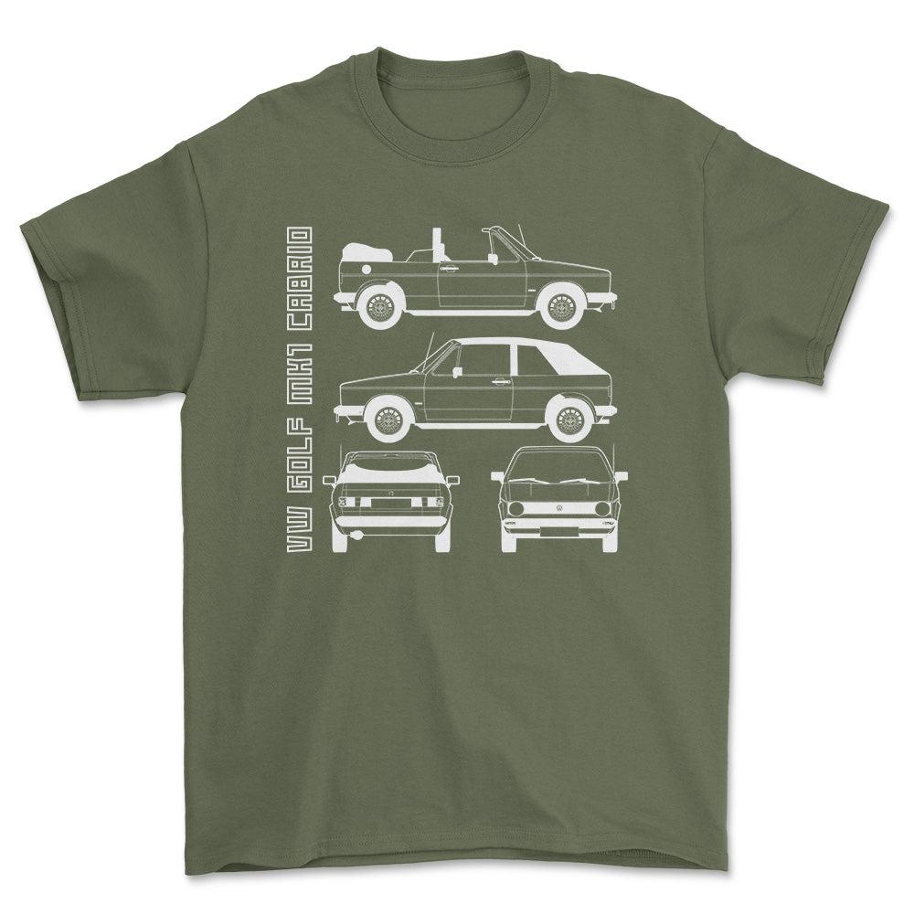 Volkswagen VW Golf Mk1 Cabrio Unisex T-Shirt , Bomuld-Beklædning-VW-Grøn Militær-S-Forside-Garage Culture Shop- garage - man cave - merchandise