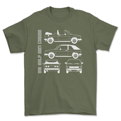 Volkswagen VW Golf Mk1 Cabrio Unisex T-Shirt , Bomuld-Beklædning-VW-Grøn Militær-S-Forside-Garage Culture Shop- garage - man cave - merchandise