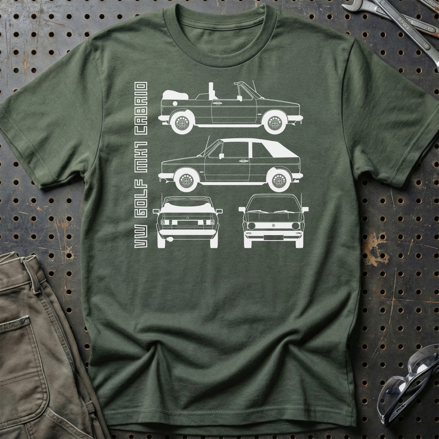 Volkswagen VW Golf Mk1 Cabrio Unisex T-Shirt , Bomuld-Beklædning-VW-Grøn Militær-S-Garage Culture Shop- garage - man cave - merchandise