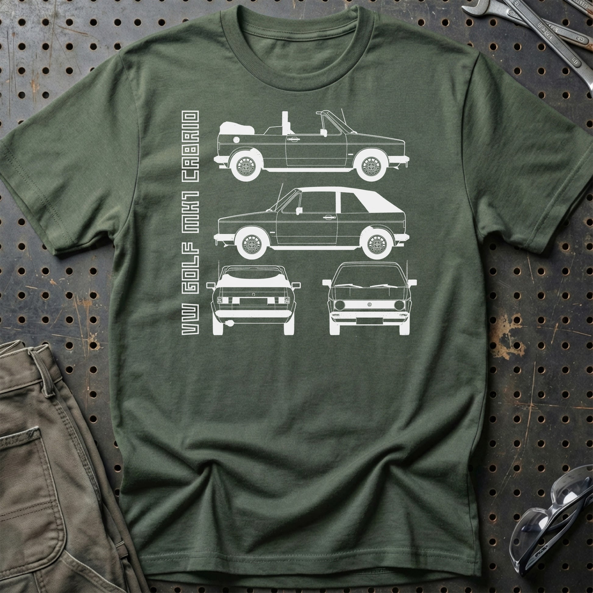 Volkswagen VW Golf Mk1 Cabrio Unisex T-Shirt , Bomuld-Beklædning-VW-Grøn Militær-S-Garage Culture Shop- garage - man cave - merchandise