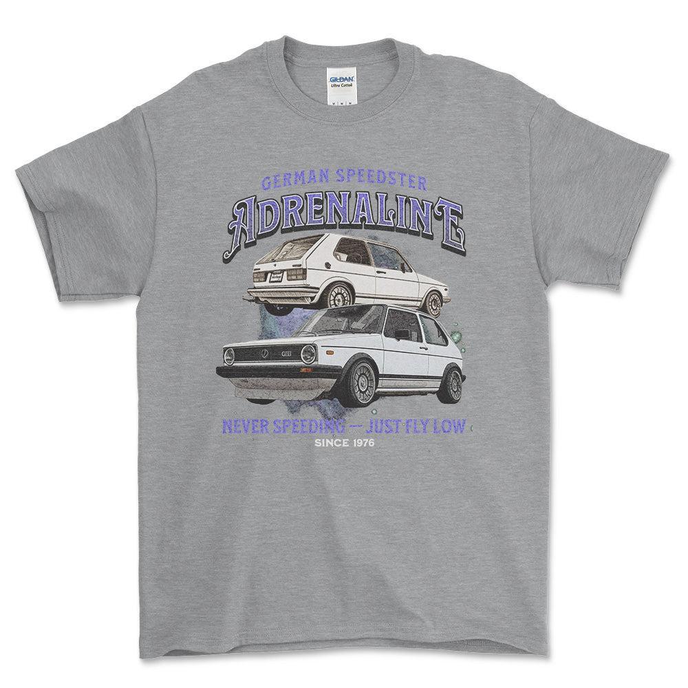 Volkswagen VW Golf Mk1 GTI - Andrenaline Unisex T-Shirt , Bomuld-Beklædning-VW-Grå Sport-S-Forside-Garage Culture Shop- garage - man cave - merchandise