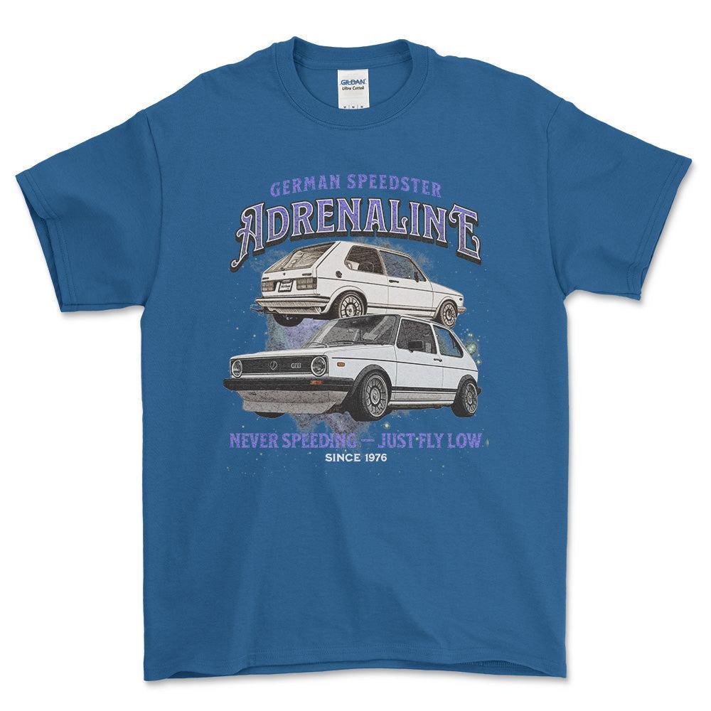 Volkswagen VW Golf Mk1 GTI - Andrenaline Unisex T-Shirt , Bomuld-Beklædning-VW-Blå Royal-S-Forside-Garage Culture Shop- garage - man cave - merchandise