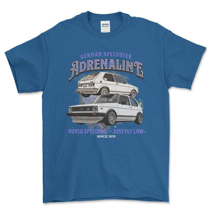 Volkswagen VW Golf Mk1 GTI - Andrenaline Unisex T-Shirt , Bomuld-Beklædning-VW-Blå Royal-S-Forside-Garage Culture Shop- garage - man cave - merchandise