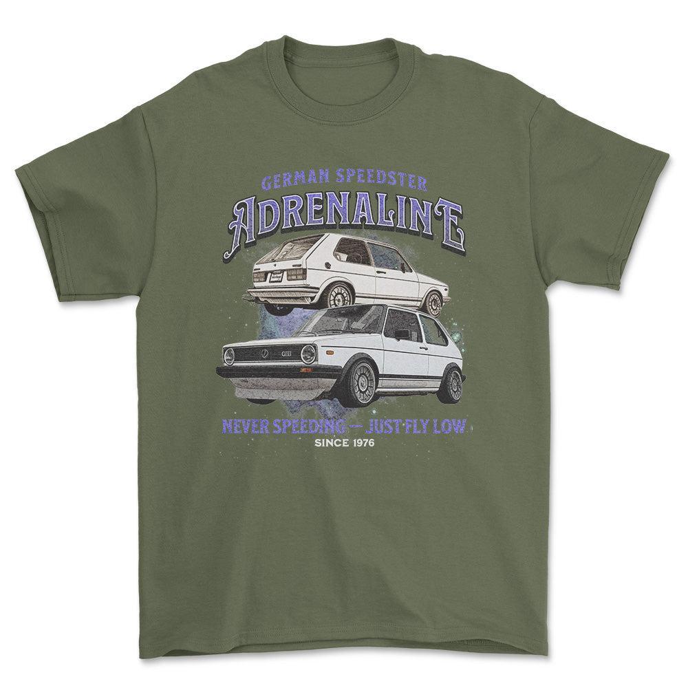 Volkswagen VW Golf Mk1 GTI - Andrenaline Unisex T-Shirt , Bomuld-Beklædning-VW-Grøn Militær-S-Forside-Garage Culture Shop- garage - man cave - merchandise
