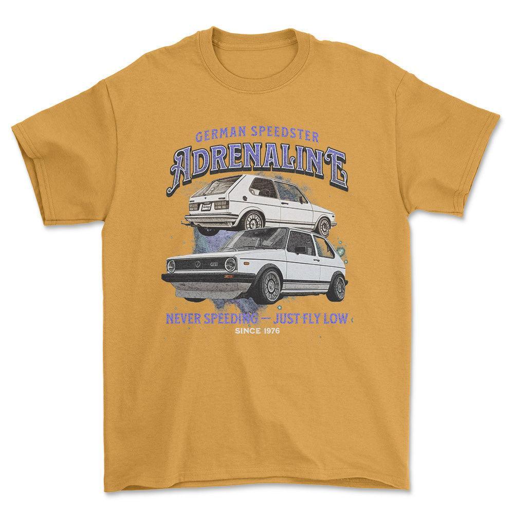 Volkswagen VW Golf Mk1 GTI - Andrenaline Unisex T-Shirt , Bomuld-Beklædning-VW-Guld-S-Forside-Garage Culture Shop- garage - man cave - merchandise