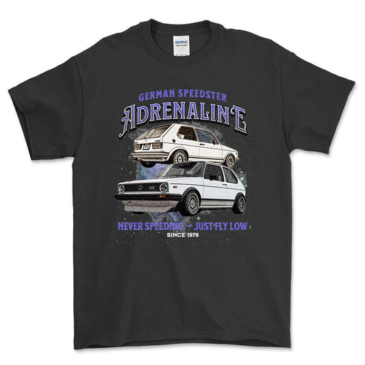 Volkswagen VW Golf Mk1 GTI - Andrenaline Unisex T-Shirt , Bomuld-Beklædning-VW-Sort-S-Forside-Garage Culture Shop- garage - man cave - merchandise