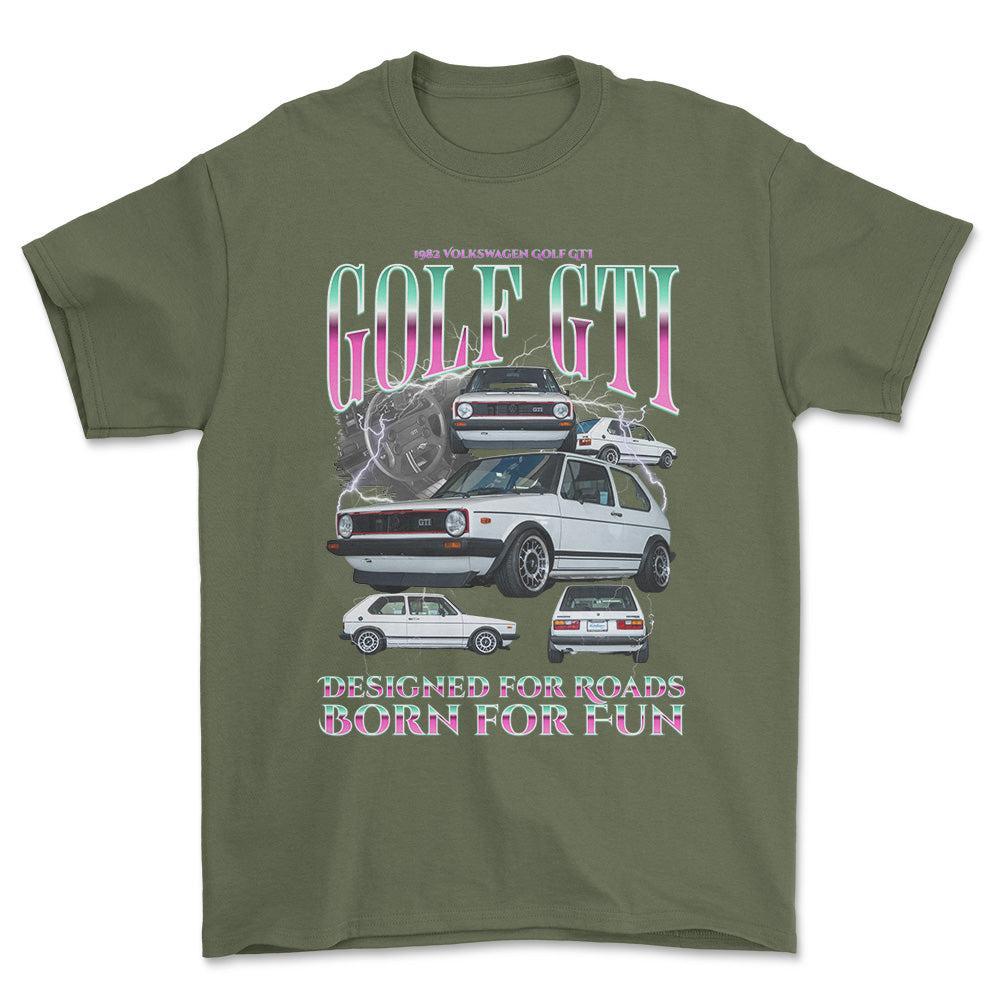 Volkswagen VW Golf Mk1 GTI - Bootleg Style Unisex T-Shirt , Bomuld-Beklædning-VW-Grøn Militær-S-Forside-Garage Culture Shop- garage - man cave - merchandise