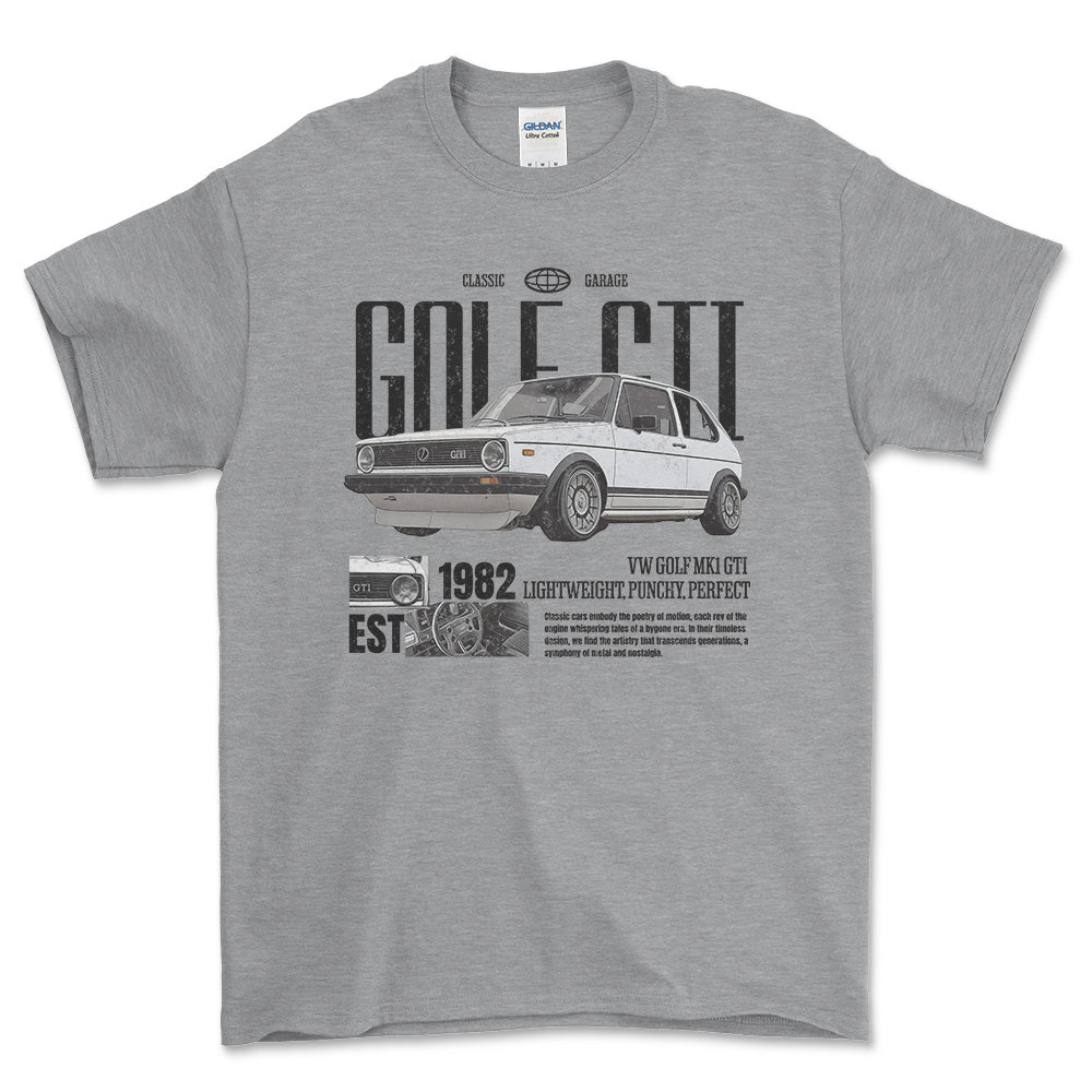 Volkswagen VW Golf Mk1 GTI - Classic Garage Unisex T-Shirt , Bomuld-Beklædning-VW-Grå Sport-S-Forside-Garage Culture Shop- garage - man cave - merchandise