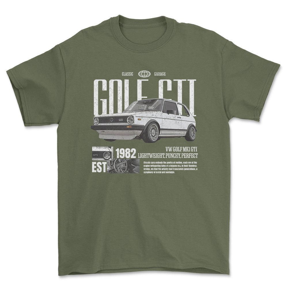 Volkswagen VW Golf Mk1 GTI - Classic Garage Unisex T-Shirt , Bomuld-Beklædning-VW-Grøn Militær-S-Forside-Garage Culture Shop- garage - man cave - merchandise