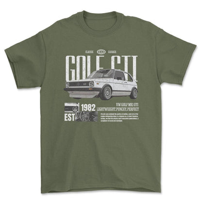 Volkswagen VW Golf Mk1 GTI - Classic Garage Unisex T-Shirt , Bomuld-Beklædning-VW-Grøn Militær-S-Forside-Garage Culture Shop- garage - man cave - merchandise