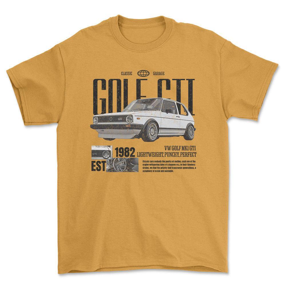 Volkswagen VW Golf Mk1 GTI - Classic Garage Unisex T-Shirt , Bomuld-Beklædning-VW-Guld-S-Forside-Garage Culture Shop- garage - man cave - merchandise