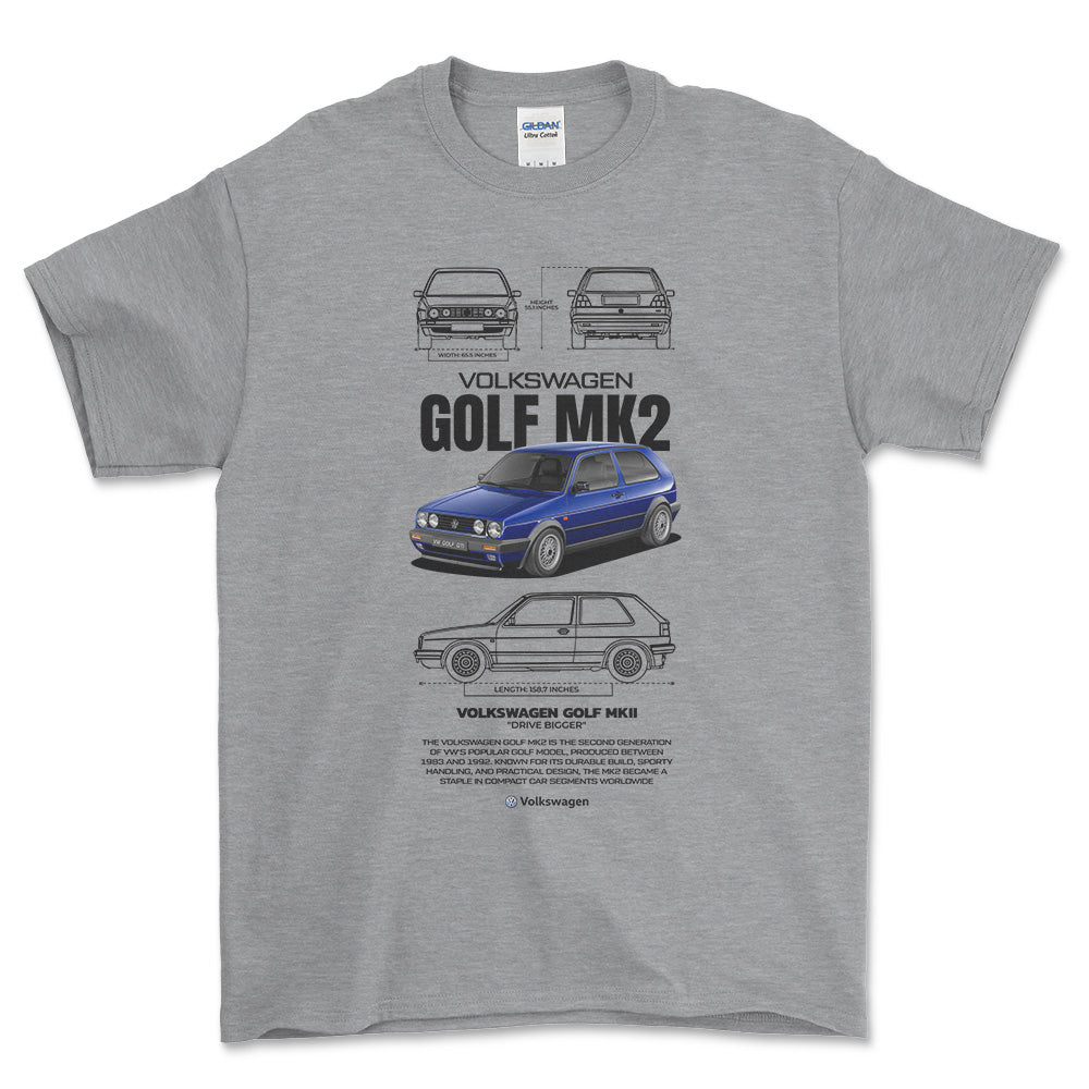 Volkswagen VW Golf Mk2 Unisex T-Shirt , Bomuld-Beklædning-VW-Grå Sport-S-Forside-Garage Culture Shop- garage - man cave - merchandise